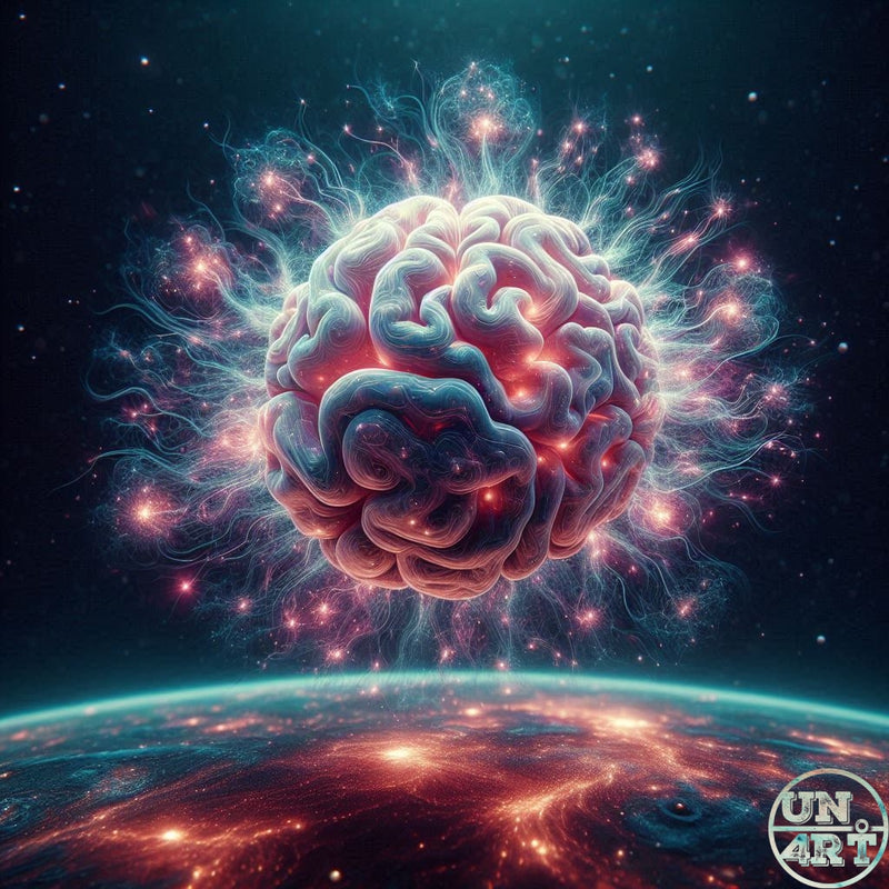 UN4RT imaginarium – dramatic space-eye-view digital illustration of a massive glowing pink and teal organic human brain floating above the curved surface of a glowing red and amber planet emitting radiating electric white energy tendrils and pink neural spark clusters outward into a deep dark star-filled cosmos, dark cosmic consciousness mind expansion sci-fi conceptual digital art.
