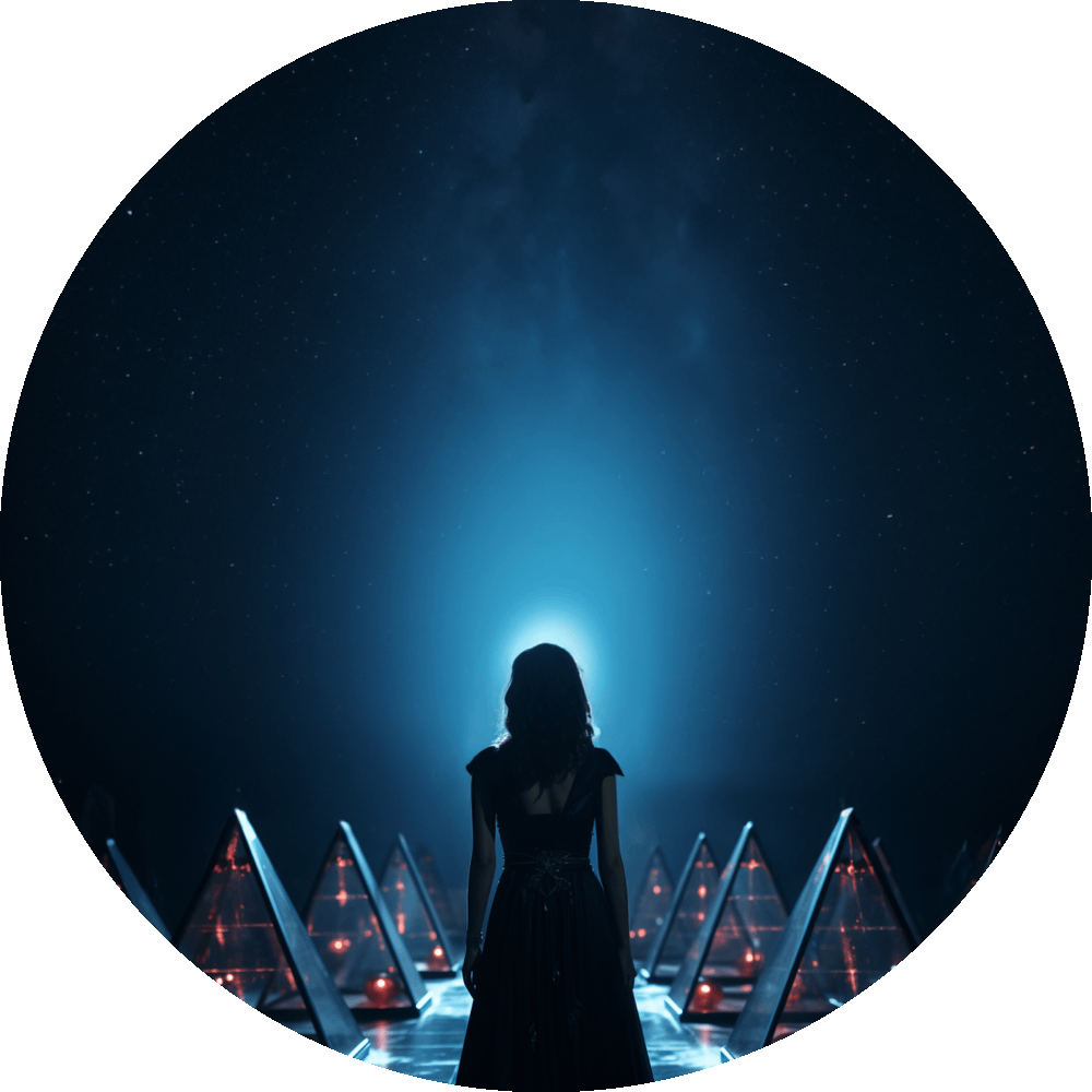 UN4RT woman in black dress seen from behind as dark silhouette, facing a vast open cyan-blue starlit sky with a glowing light source at the horizon, illuminated glass pyramid sculptures with red accents flanking both sides, circular crop, cinematic dark fantasy scene.