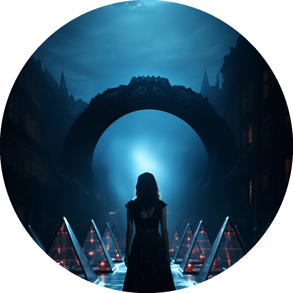 UN4RT woman in black dress seen from behind as dark silhouette, facing a massive dark stone arch gateway framing a glowing cyan light at its centre, gothic spires rising in the misty background, illuminated glass pyramids with red accents flanking both sides, circular crop, cinematic dark fantasy scene.