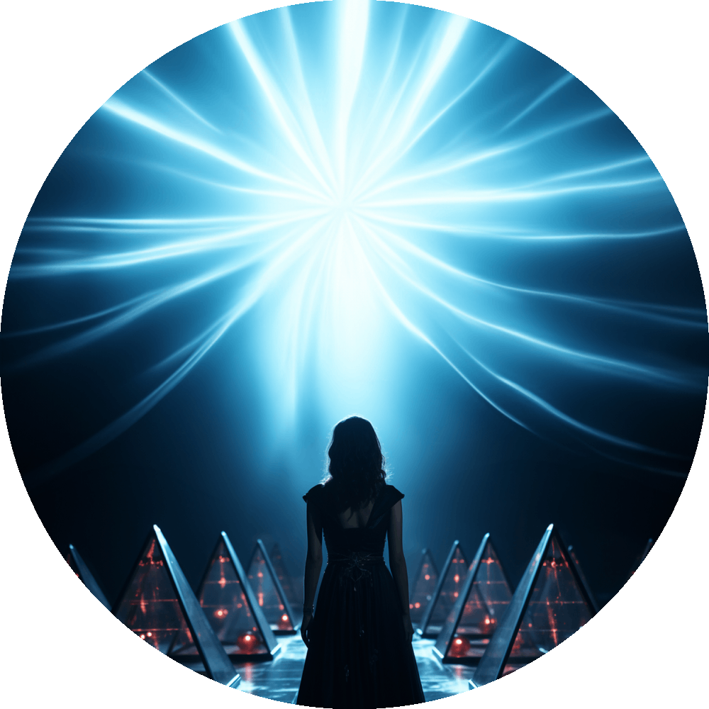 UN4RT woman in black dress seen from behind as dark silhouette, facing an explosive radial burst of cyan-white light rays emanating from a central glowing point, illuminated glass pyramid sculptures with red accents flanking both sides, circular crop, cinematic dark fantasy scene.