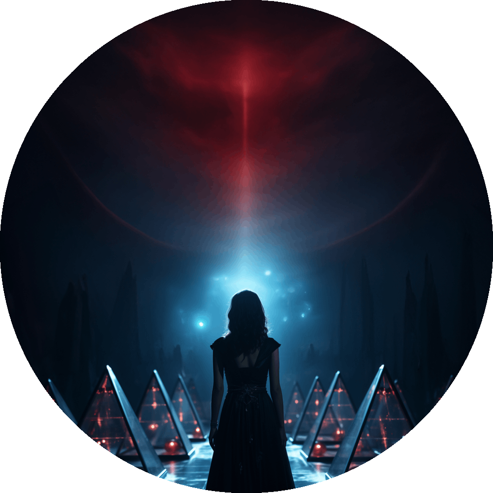 UN4RT woman in black dress seen from behind as dark silhouette, facing glowing red and cyan light beam rising from floor into darkness, flanked by rows of illuminated glass pyramid sculptures with red accents, circular crop, cinematic dark fantasy scene.