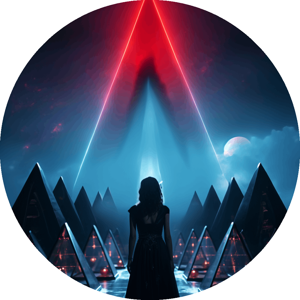 UN4RT woman in black dress seen from behind as dark silhouette, facing large neon red triangle outline converging to apex with cyan light beam, black pyramid structures flanking both sides, blood moon visible in blue cloudy sky, circular crop, cinematic dark fantasy scene.