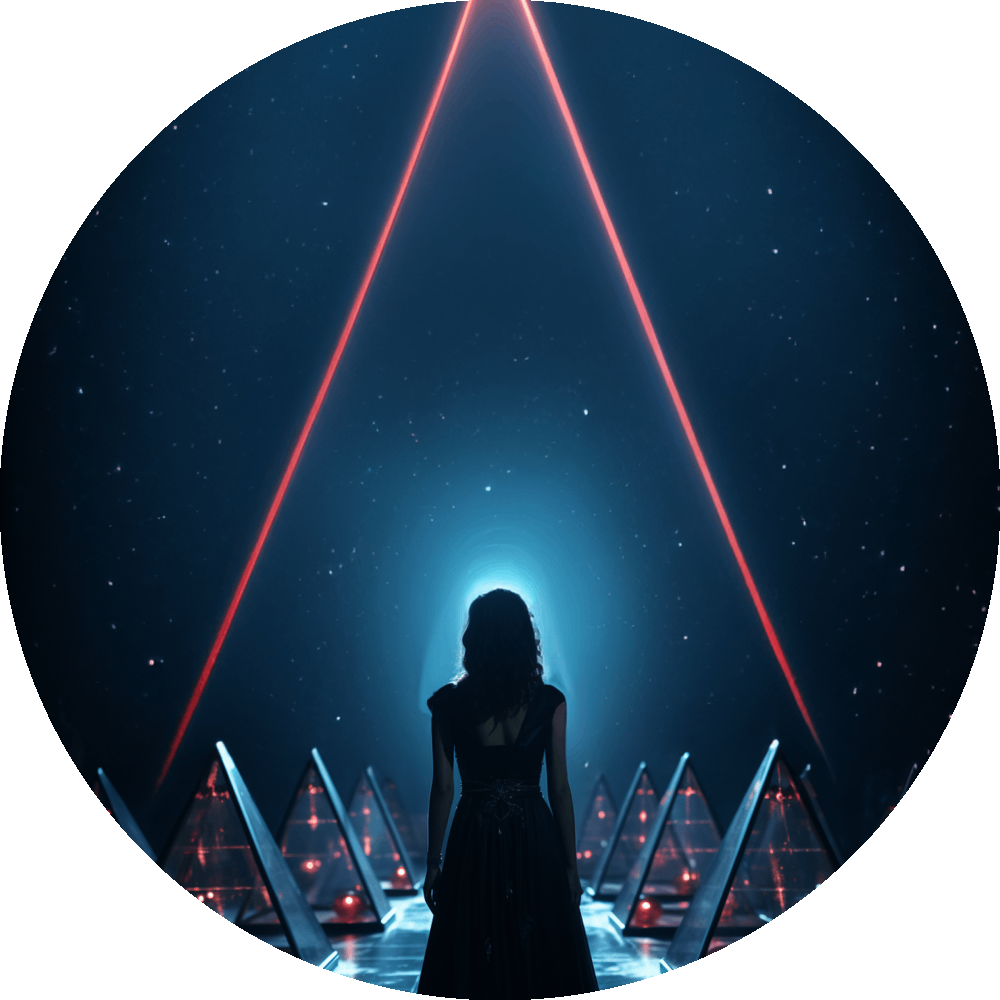 UN4RT woman in black dress seen from behind as dark silhouette, facing two converging red laser beams meeting at glowing cyan vanishing point in starry night sky, illuminated glass pyramids with red accents on both sides, circular crop, cinematic dark fantasy scene.