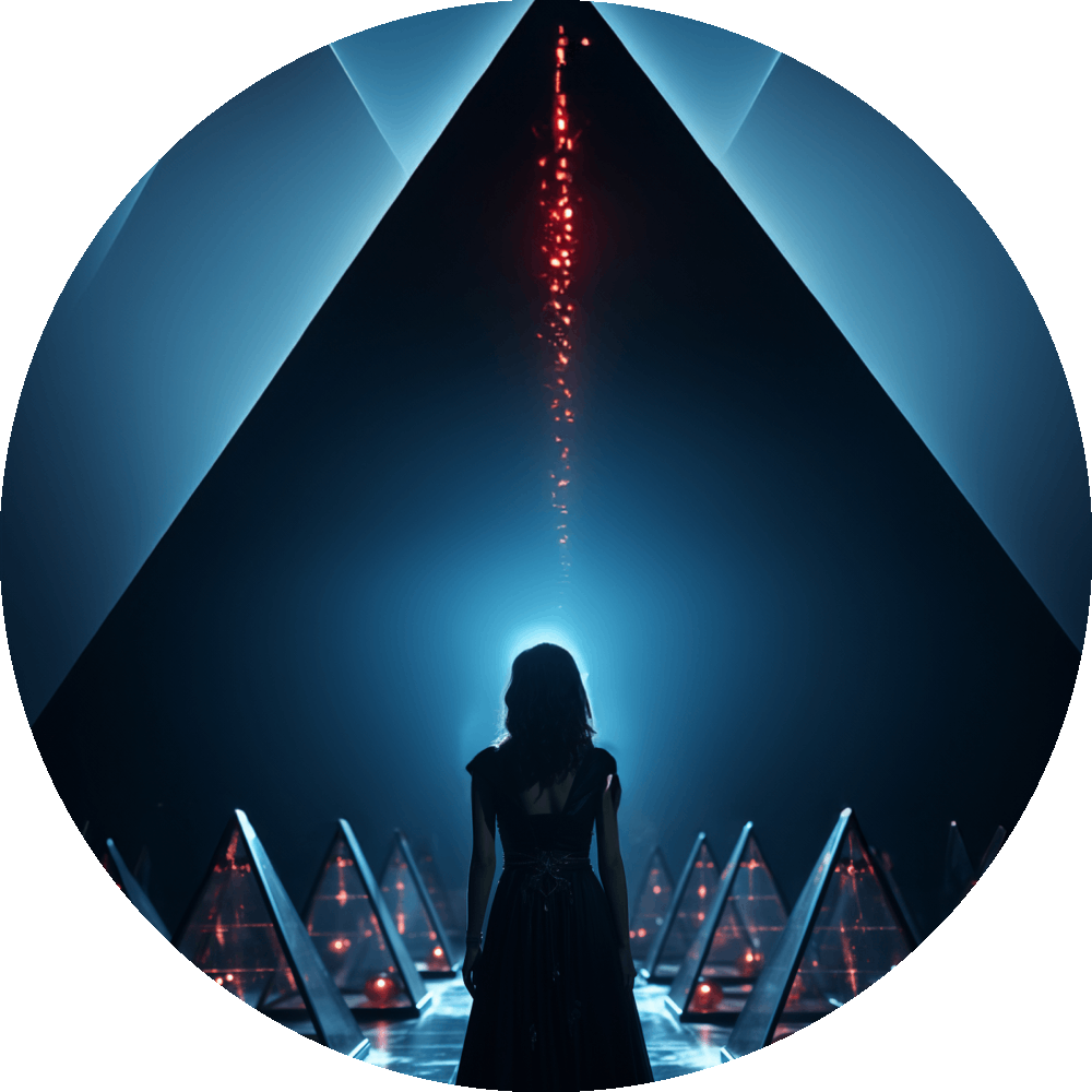 UN4RT woman in black dress seen from behind as dark silhouette, facing large dark monolithic pyramid with glowing red particle stream rising from apex, smaller illuminated glass pyramids flanking both sides in teal blue light, circular crop, cinematic dark fantasy scene.