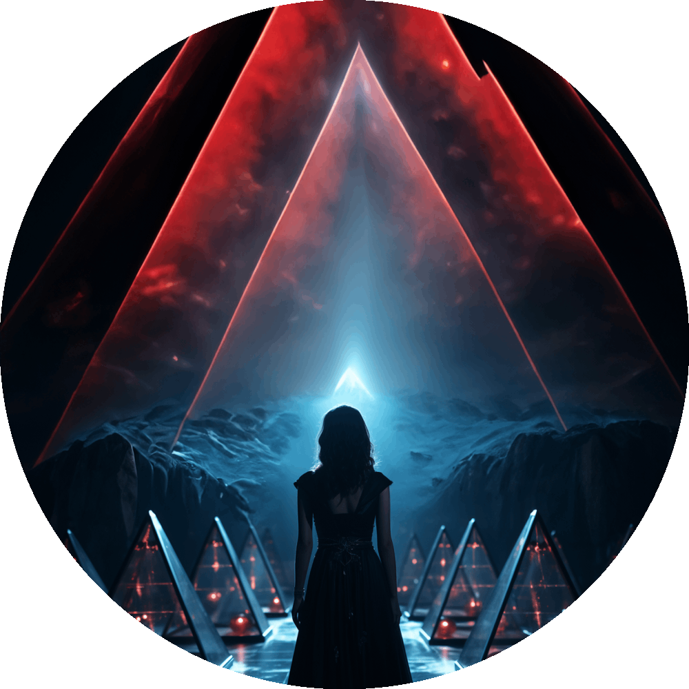 UN4RT woman in black dress seen from behind as dark silhouette, facing massive glowing red triangular arch structure with cyan light at apex, rocky dark landscape and illuminated glass pyramids below, dramatic red atmospheric sky, circular crop, cinematic dark fantasy scene.