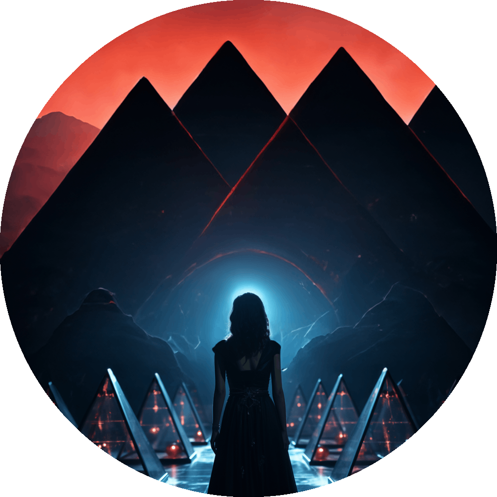 UN4RT woman in black dress seen from behind as dark silhouette, facing four large black pyramid silhouettes against deep red sky, glowing cyan light emanating from ground level between pyramids, circular crop, cinematic dark fantasy scene.