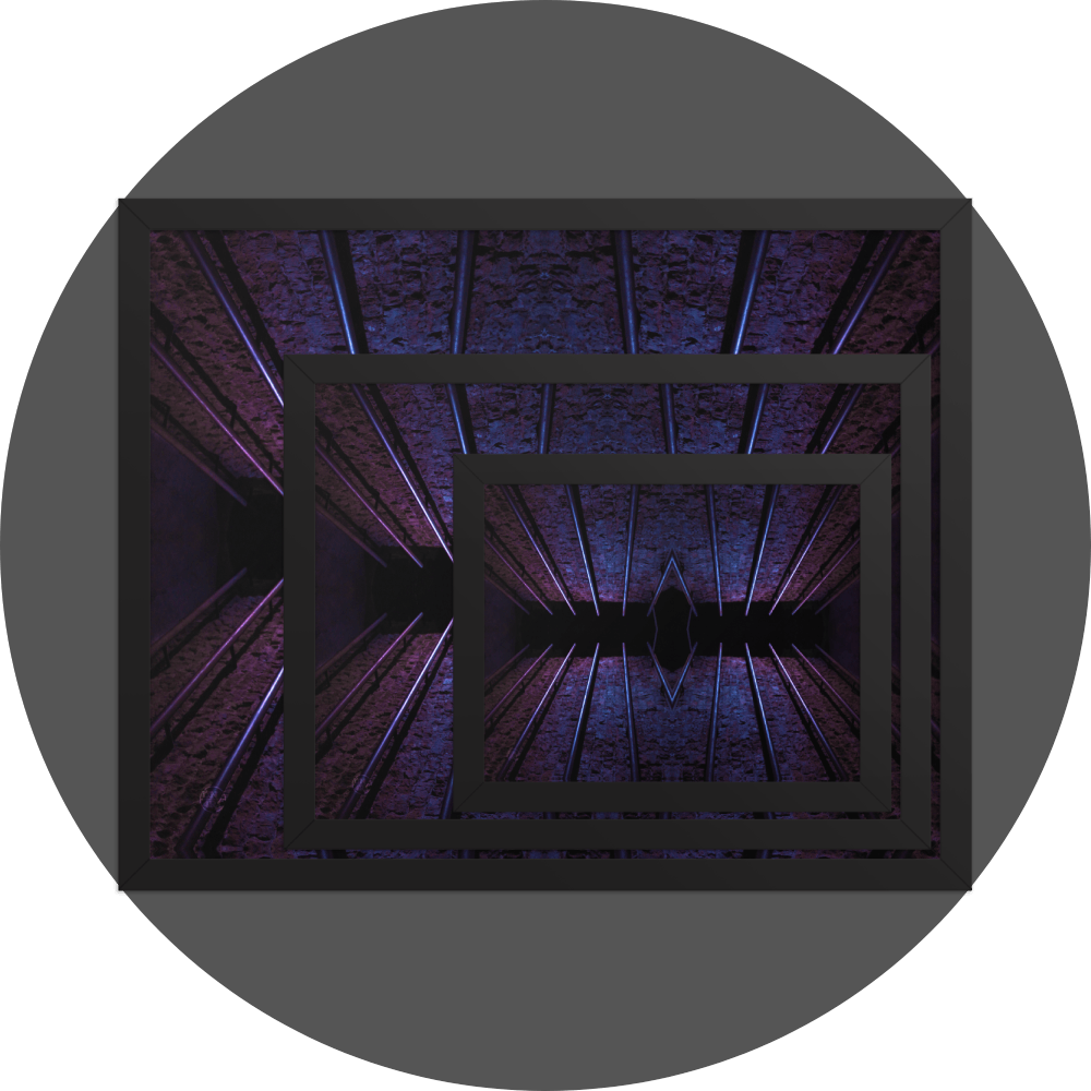 un4rt - the image shows 3 different sizes of the same photographie on top of each other. large size in the back, medium size in the middle and small size on top. the photographie is doubled and then mirrored to create the final image. the image shows an old brick wall with permanently installed steel pipes. the colors range from blue to purple and black.