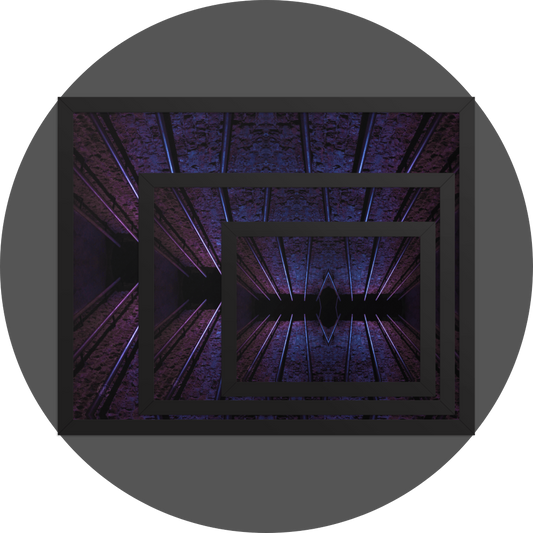 un4rt - the image shows 3 different sizes of the same photographie on top of each other. large size in the back, medium size in the middle and small size on top. the photographie is doubled and then mirrored to create the final image. the image shows an old brick wall with permanently installed steel pipes. the colors range from blue to purple and black.