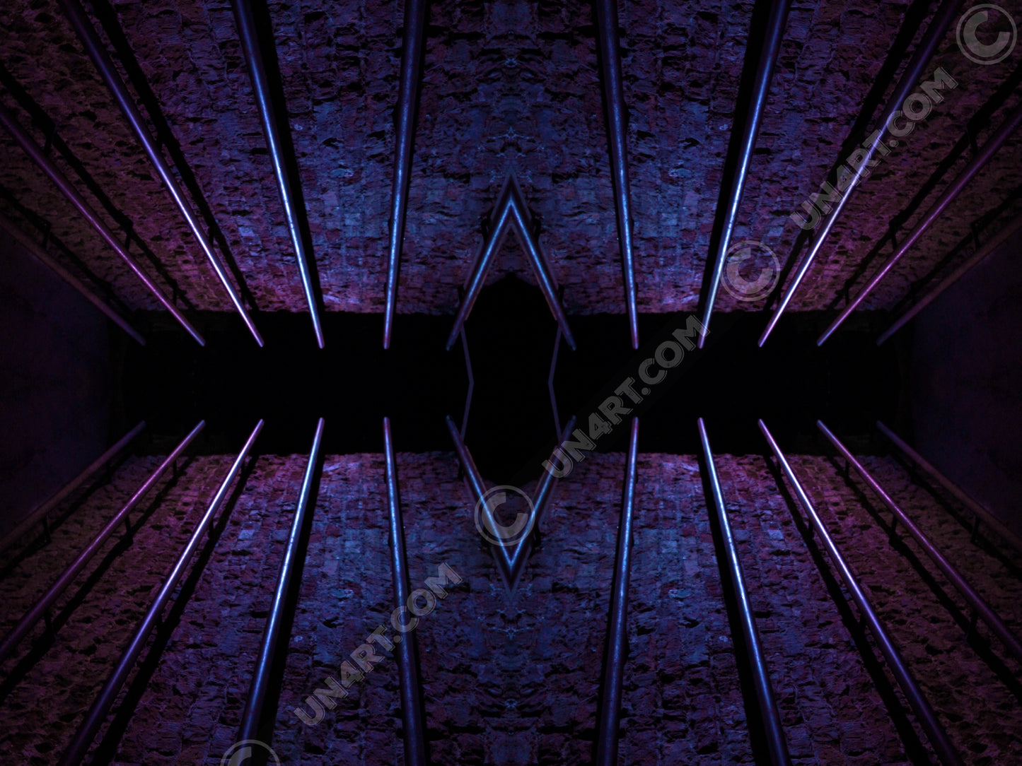 un4rt - the photographie is doubled and then mirrored to create the final image. the image shows an old brick wall with permanently installed steel pipes. the colors range from blue to purple and black.