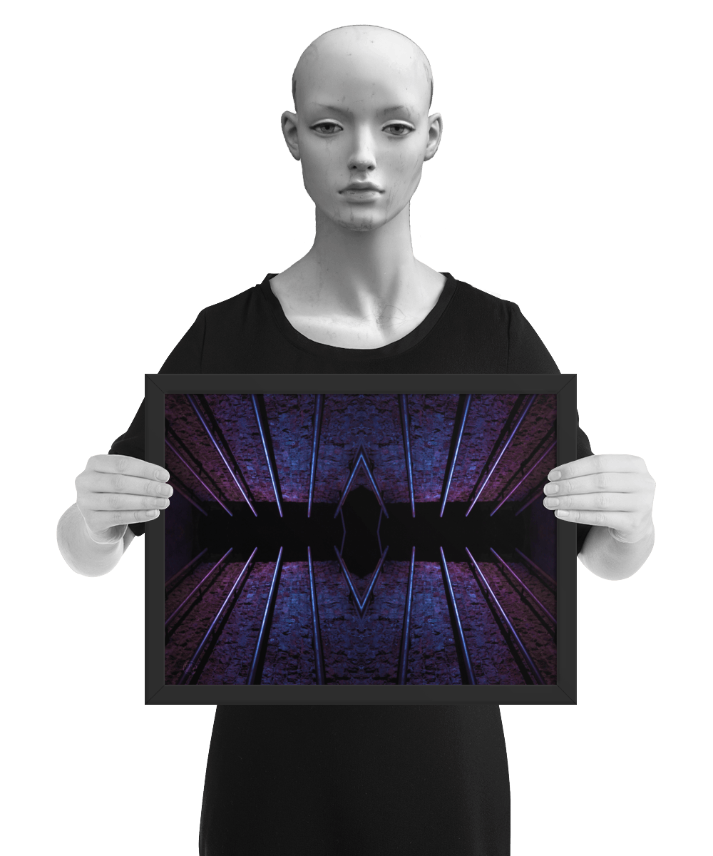 un4rt - the photographie is doubled and then mirrored to create the final image. the image shows an old brick wall with permanently installed steel pipes. the colors range from blue to purple and black. the image is framed and presented by a mannequin in black and white.