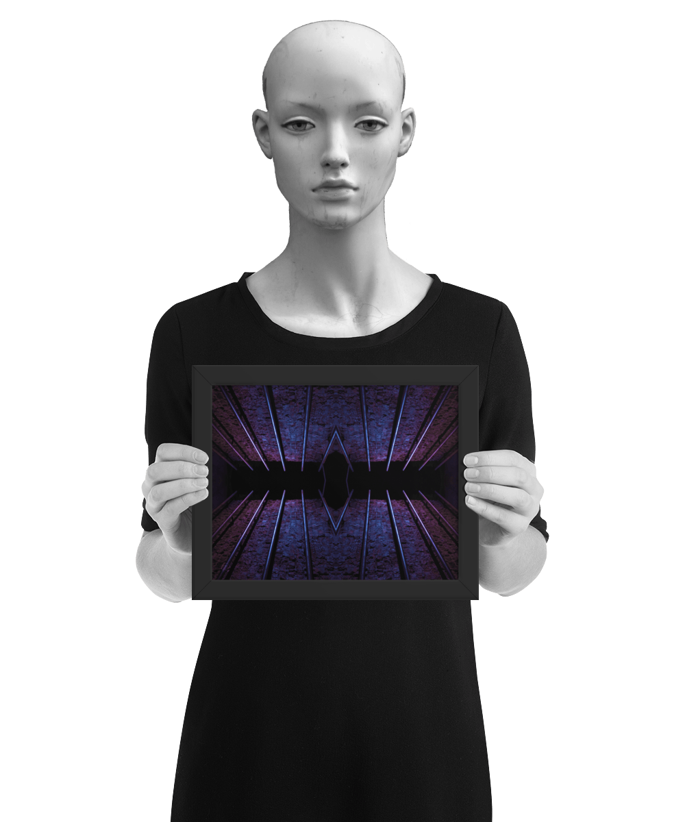 un4rt - the photographie is doubled and then mirrored to create the final image. the image shows an old brick wall with permanently installed steel pipes. the colors range from blue to purple and black. the image is framed and presented by a mannequin in black and white.