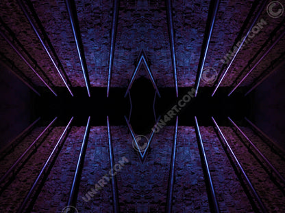 un4rt - the photographie is doubled and then mirrored to create the final image. the image shows an old brick wall with permanently installed steel pipes. the colors range from blue to purple and black.