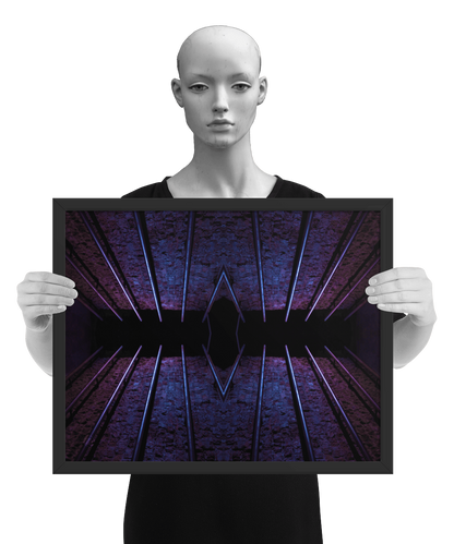 un4rt - the photographie is doubled and then mirrored to create the final image. the image shows an old brick wall with permanently installed steel pipes. the colors range from blue to purple and black. the image is framed and presented by a mannequin in black and white.
