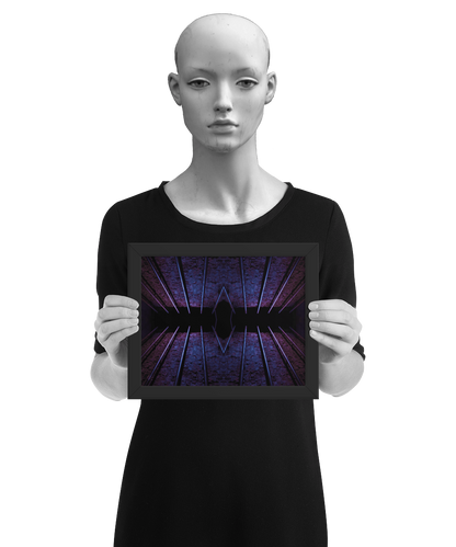 un4rt - the photographie is doubled and then mirrored to create the final image. the image shows an old brick wall with permanently installed steel pipes. the colors range from blue to purple and black. the image is framed and presented by a mannequin in black and white.