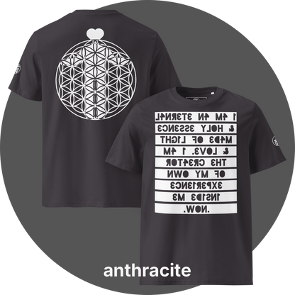 UN4RT anthracite organic cotton t-shirt shown from the front and back, front features a large mirrored text artwork on a white rectangular background with reversed bold lettering reading "i am an eternal & holy essence, made of light & love. i am the creator of my own experience inside me. now.", back features a large white flower of life sacred geometry circle with a white heart shape above it, small circular brand logo visible on the left sleeve.