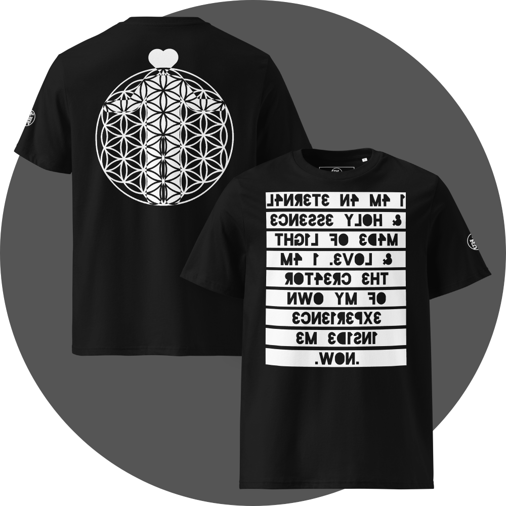 UN4RT black organic cotton t-shirt shown from the front and back, front features a large mirrored text artwork on a white rectangular background with the reversed phrase "i am an eternal & holy essence, made of light & love. i am the creator of my own experience inside me. now." in bold black lettering, back features a large white flower of life sacred geometry circle with a white heart above it, circular brand logo visible on the left sleeve.