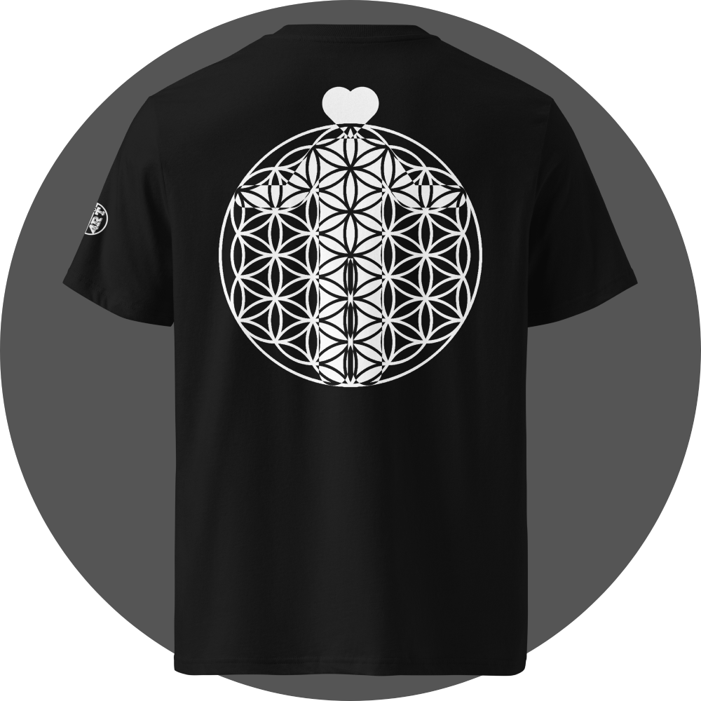 UN4RT black organic cotton t-shirt shown from the back, featuring a large white flower of life sacred geometry pattern printed as a circle. in the upper area a white heart shape positioned above it, small circular brand logo visible on the left sleeve.