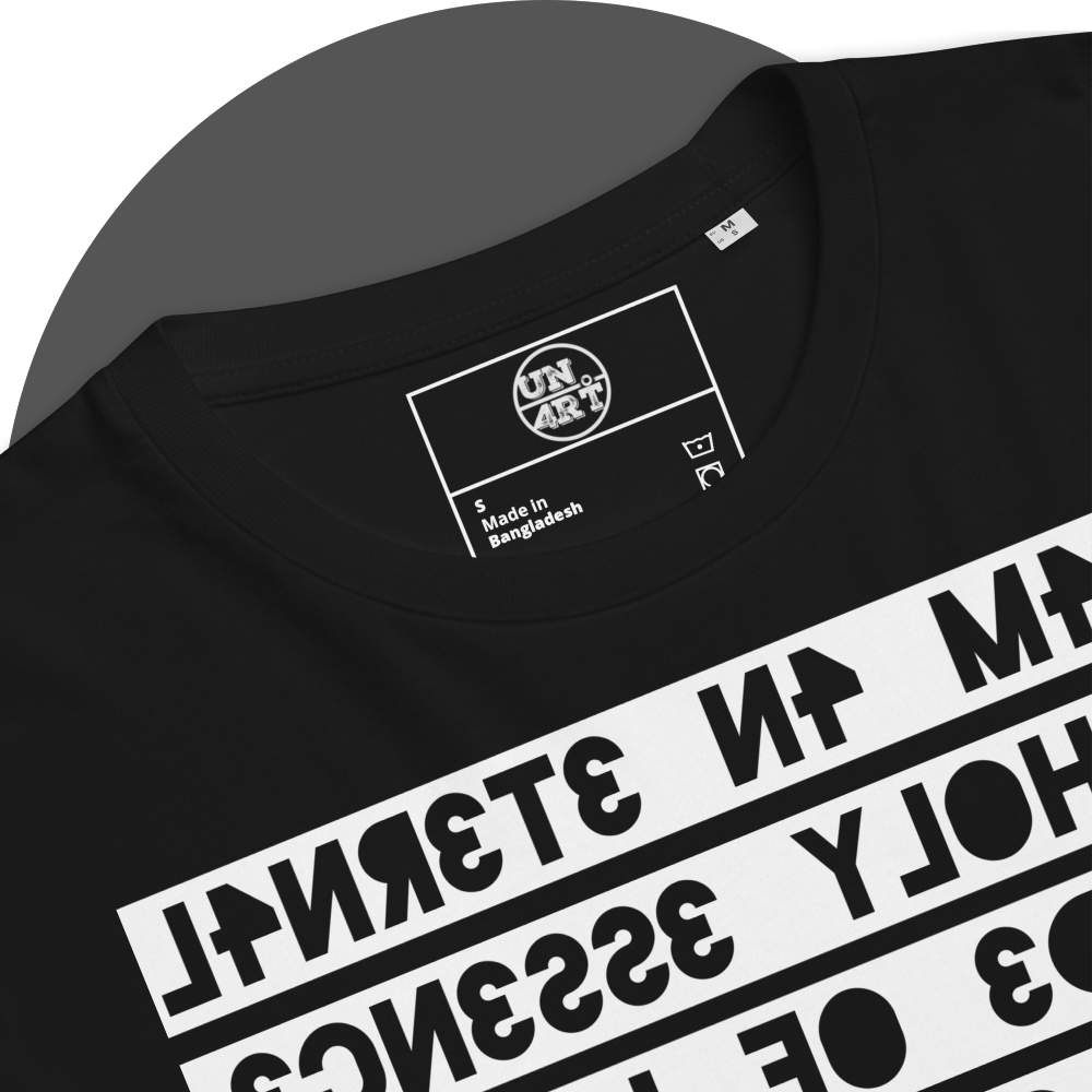 UN4RT black organic cotton t-shirt close-up detail of the inner neck area, showing the UN4RT brand label printed in white. care instruction symbols, with the mirrored text artwork partially visible below.
