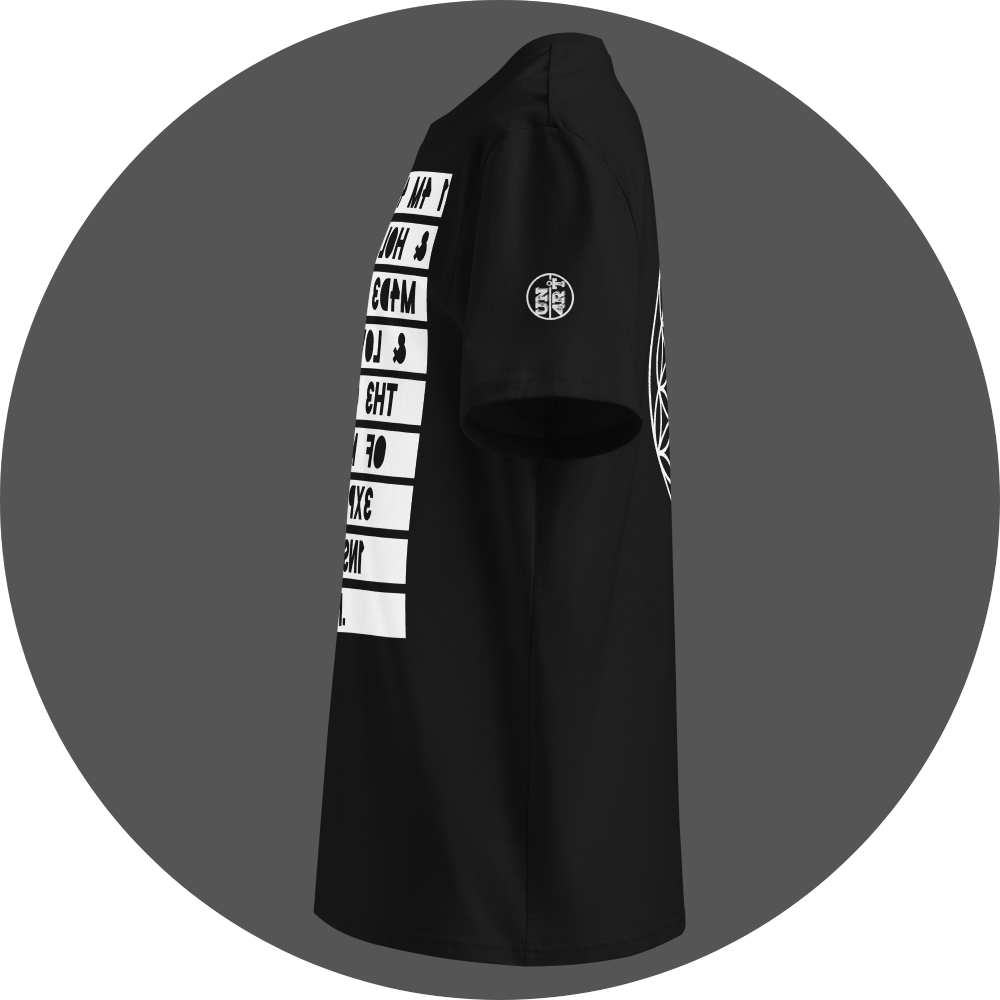 UN4RT black organic cotton t-shirt shown from the left side, featuring the mirrored text artwork printed on a white rectangular background running down the front, with partial lines of reversed bold black lettering visible, small circular brand logo printed on the left sleeve area.