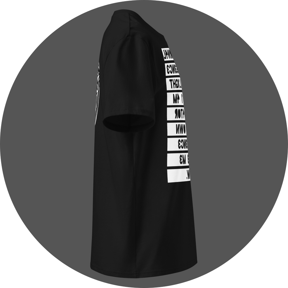 UN4RT black organic cotton t-shirt shown from the right side, featuring the mirrored text artwork printed on a white rectangular background running down the front, with partial lines of reversed bold black lettering visible.