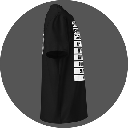 UN4RT black organic cotton t-shirt shown from the right side, featuring the mirrored text artwork printed on a white rectangular background running down the front, with partial lines of reversed bold black lettering visible.