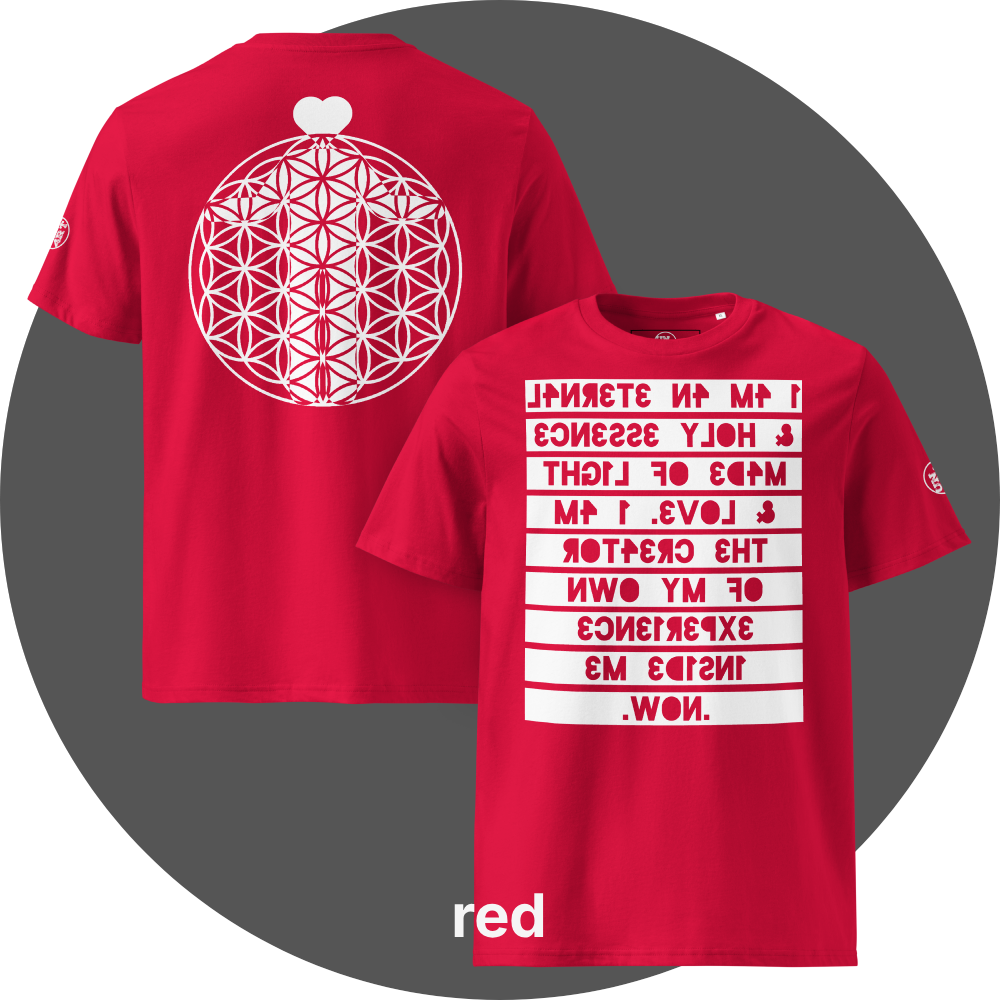 UN4RT red organic cotton t-shirt shown from the front and back, front features a large mirrored text artwork on a white rectangular background with reversed red bold lettering reading "i am an eternal & holy essence, made of light & love. i am the creator of my own experience inside me. now.", back features a large white flower of life sacred geometry circle with a white heart shape above it, small circular brand logo visible on the left sleeve.