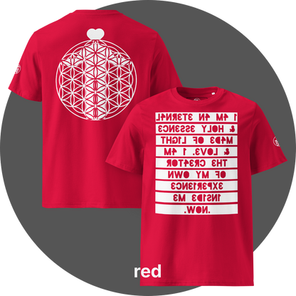 UN4RT red organic cotton t-shirt shown from the front and back, front features a large mirrored text artwork on a white rectangular background with reversed red bold lettering reading "i am an eternal & holy essence, made of light & love. i am the creator of my own experience inside me. now.", back features a large white flower of life sacred geometry circle with a white heart shape above it, small circular brand logo visible on the left sleeve.