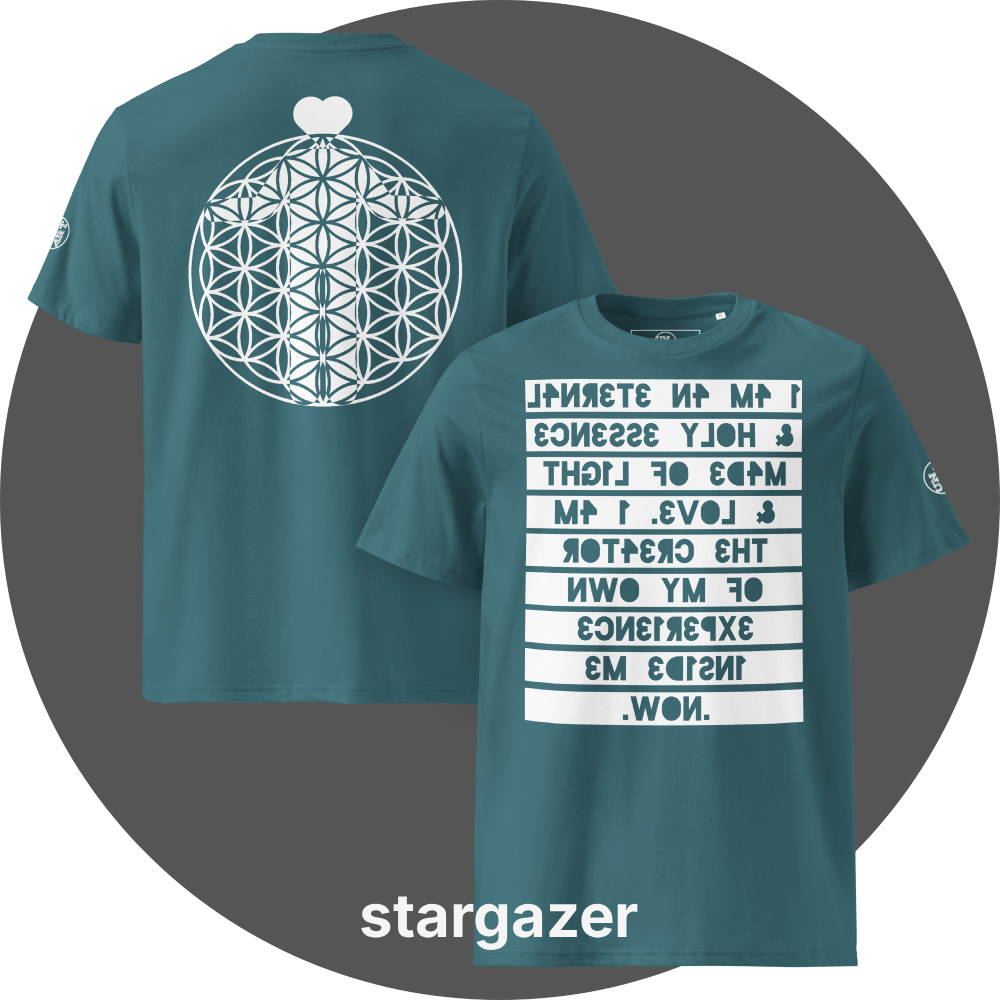 UN4RT teal organic cotton t-shirt shown from the front and back, front features a large mirrored text artwork on a white rectangular background with reversed teal bold lettering reading "i am an eternal & holy essence, made of light & love. i am the creator of my own experience inside me. now.", back features a large white flower of life sacred geometry circle with a white heart shape above it, small circular brand logo visible on the left sleeve.