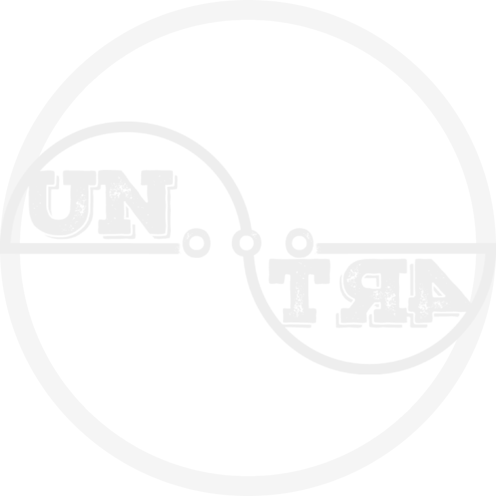 UN4RT brand logo in circular format on white background, distressed collegiate lettering "UN." in upper left and mirrored "4RT" in lower right, divided by a horizontal line with three dot connectors and a curved arc, light grey watermark-style rendering, circular crop.