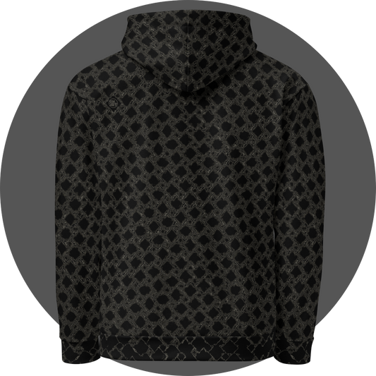 un4rt - the image shows the back of a hoodie with a grid pattern with liquefying squares. each square shows a slightly different transformation. the background is black. the connection between the squares is also liquefied, colored in two different tones of grey.