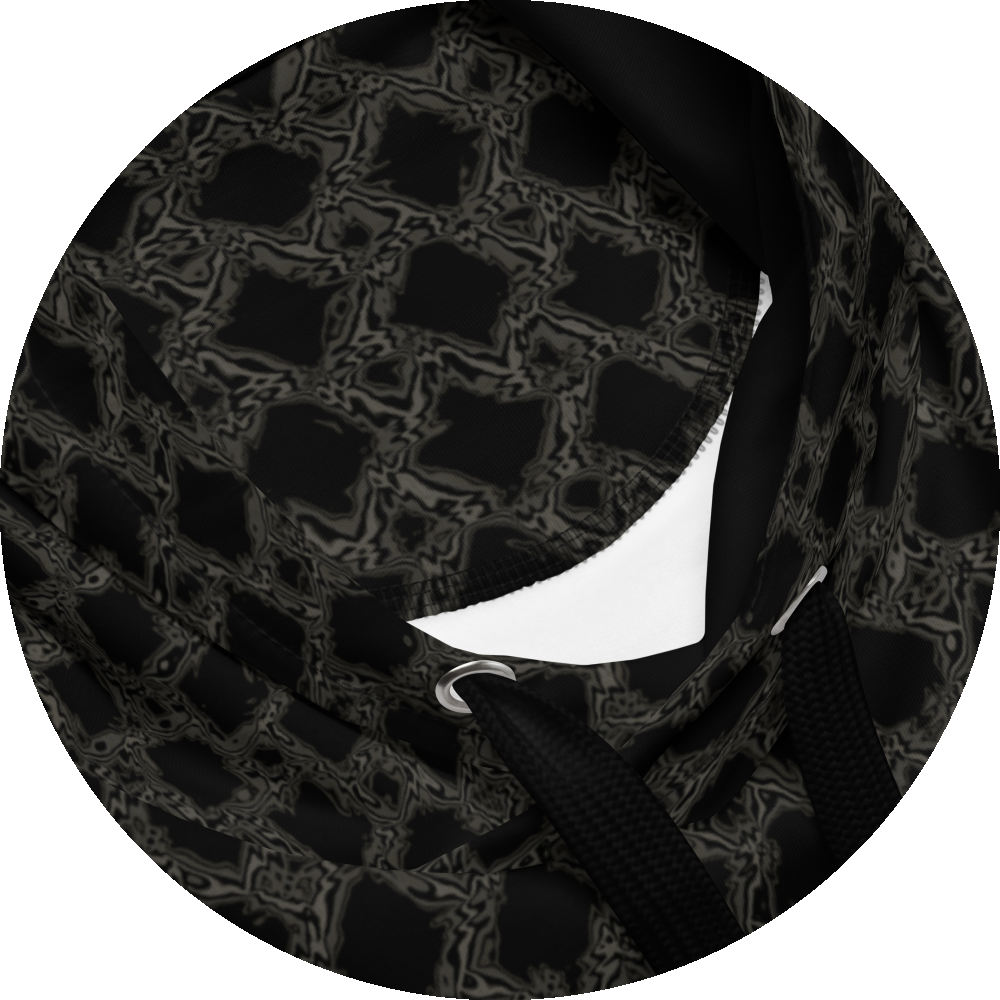 un4rt - the image shows details of a hoodie with a grid pattern with liquefying squares. each square shows a slightly different transformation. the background is black. the connection between the squares is also liquefied, colored in two different tones of grey.