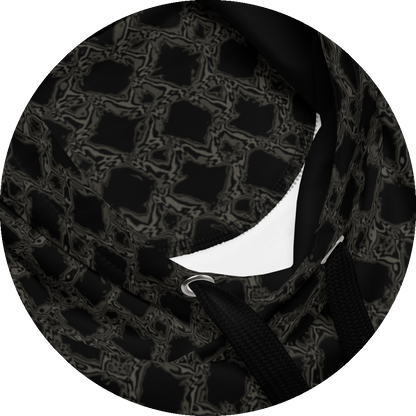 un4rt - the image shows details of a hoodie with a grid pattern with liquefying squares. each square shows a slightly different transformation. the background is black. the connection between the squares is also liquefied, colored in two different tones of grey.