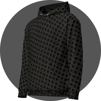 un4rt - the image shows the left front of a hoodie with a grid pattern with liquefying squares. each square shows a slightly different transformation. the background is black. the connection between the squares is also liquefied, colored in two different tones of grey.