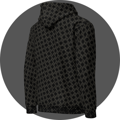 un4rt - the image shows the right back of a hoodie with a grid pattern with liquefying squares. each square shows a slightly different transformation. the background is black. the connection between the squares is also liquefied, colored in two different tones of grey.