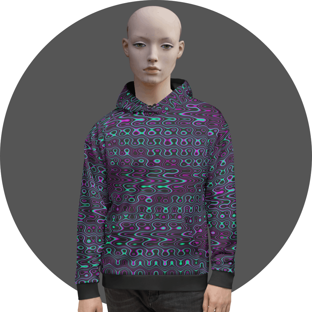 UN4RT dark all-over print hoodie, symmetrical neon pink AND turquoise organic fluid blob pattern with dark background, kangaroo pocket, mannequin front view, grey circular background.