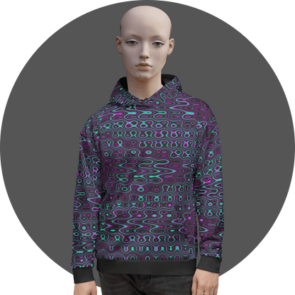 UN4RT dark all-over print hoodie, symmetrical neon pink AND turquoise organic fluid blob pattern with dark background, kangaroo pocket, mannequin front view, grey circular background.