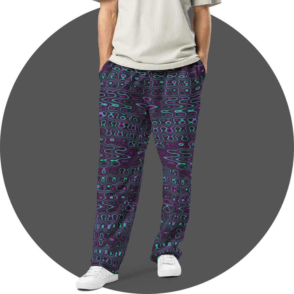 UN4RT dark purple all-over print jogger pants, repeating neon teal and pink organic wavy line pattern on dark purple, straight fit, grey circular background.