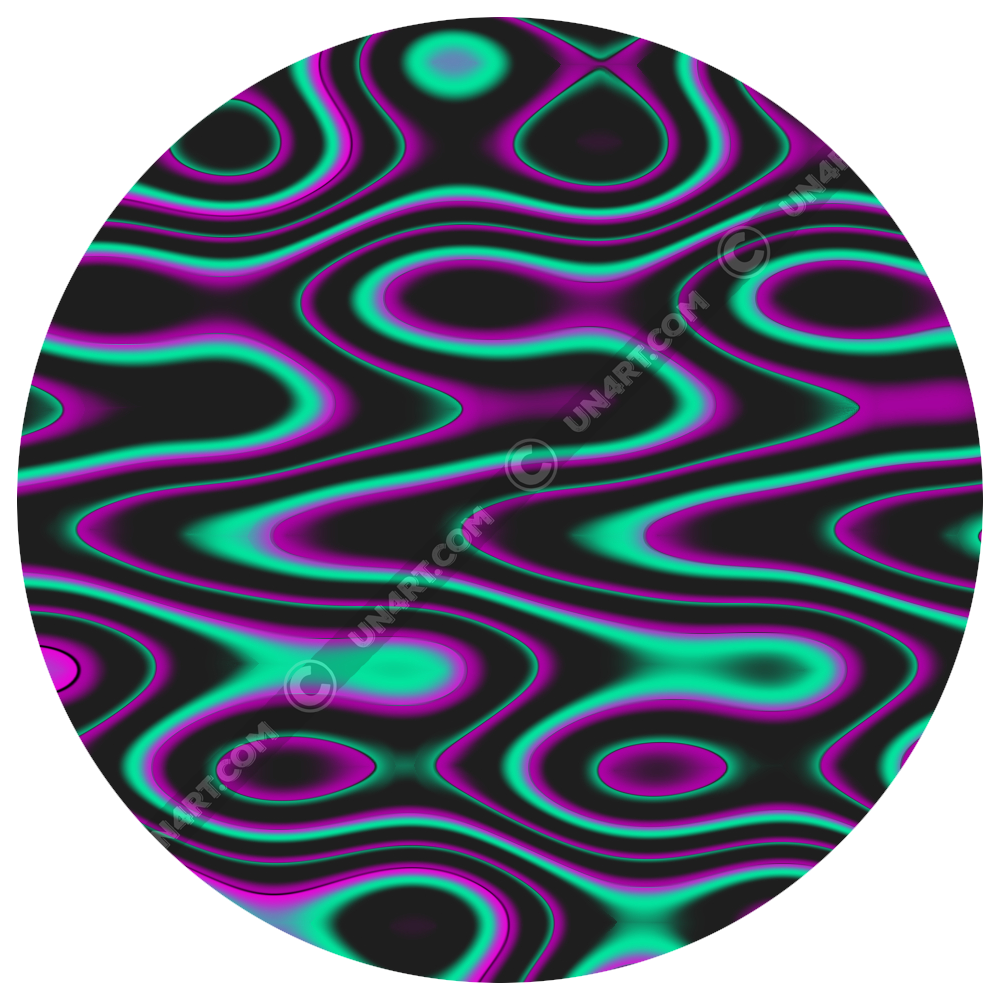 UN4RT liquification original artwork detail – circular close-up of psychedelic neon turquoise and magenta liquid wave design on black background, flowing organic curves and glowing orbs, copyright-protected original artwork.