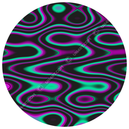 UN4RT liquification original artwork detail – circular close-up of psychedelic neon turquoise and magenta liquid wave design on black background, flowing organic curves and glowing orbs, copyright-protected original artwork.