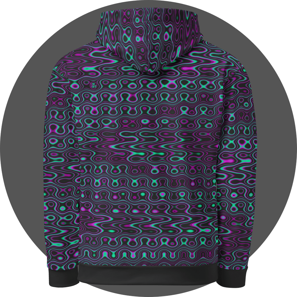 UN4RT liquification all-over-print hoodie back view – black pullover hoodie with psychedelic neon turquoise and magenta liquid wave pattern, small UN4RT logo visible on upper back, drawstring hood and ribbed cuffs and hem.