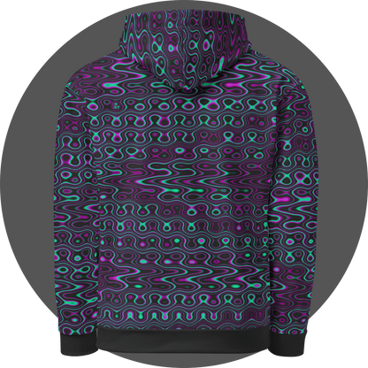 UN4RT liquification all-over-print hoodie back view – black pullover hoodie with psychedelic neon turquoise and magenta liquid wave pattern, small UN4RT logo visible on upper back, drawstring hood and ribbed cuffs and hem.