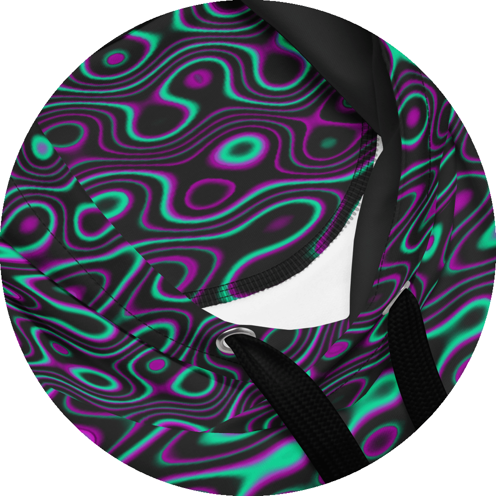 UN4RT liquification hoodie detail – circular close-up of all-over-print showing flowing neon turquoise and magenta liquid curves on black fabric, silver metal eyelet and black drawstring visible, white inner lining peeking through hood opening.