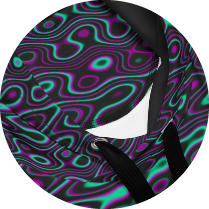 UN4RT liquification hoodie detail – circular close-up of all-over-print showing flowing neon turquoise and magenta liquid curves on black fabric, silver metal eyelet and black drawstring visible, white inner lining peeking through hood opening.