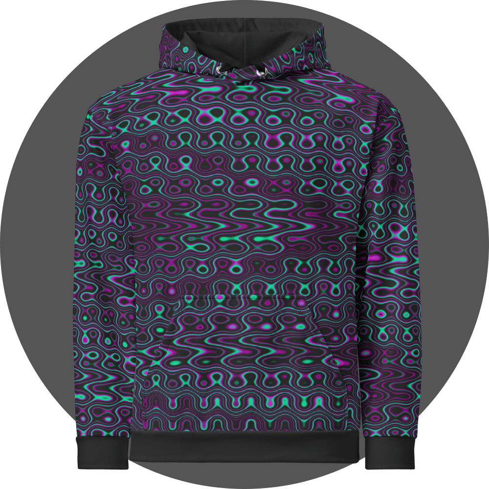 UN4RT liquification all-over-print hoodie front view – black pullover hoodie with psychedelic neon turquoise and magenta liquid wave pattern, kangaroo pocket, silver metal eyelets and black drawstrings visible.