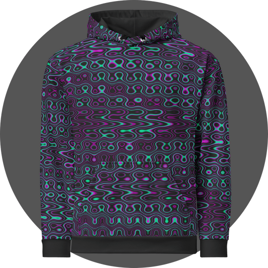 UN4RT liquification all-over-print hoodie front view – black pullover hoodie with psychedelic neon turquoise and magenta liquid wave pattern, kangaroo pocket, silver metal eyelets and black drawstrings visible.