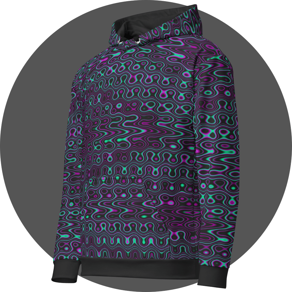 UN4RT liquification all-over-print hoodie left side view – black pullover hoodie with flowing neon turquoise and magenta liquid wave print, kangaroo pocket visible, drawstring hood and ribbed cuffs.