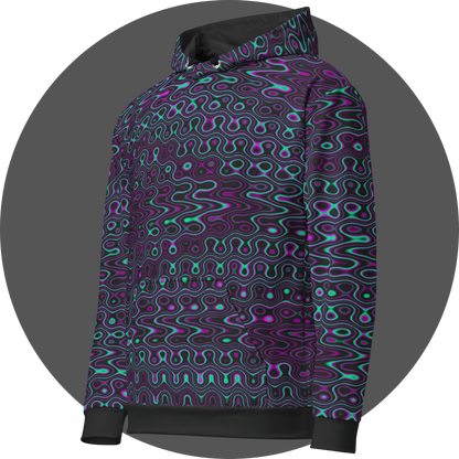UN4RT liquification all-over-print hoodie left side view – black pullover hoodie with flowing neon turquoise and magenta liquid wave print, kangaroo pocket visible, drawstring hood and ribbed cuffs.