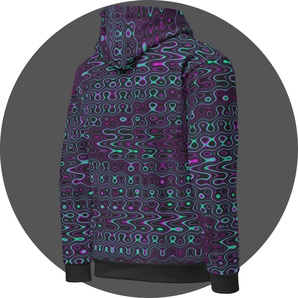 UN4RT liquification all-over-print hoodie right side view – black pullover hoodie with psychedelic neon turquoise and magenta liquid wave pattern covering body and sleeves, drawstring hood and ribbed cuffs.