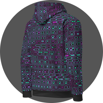 UN4RT liquification all-over-print hoodie right side view – black pullover hoodie with psychedelic neon turquoise and magenta liquid wave pattern covering body and sleeves, drawstring hood and ribbed cuffs.