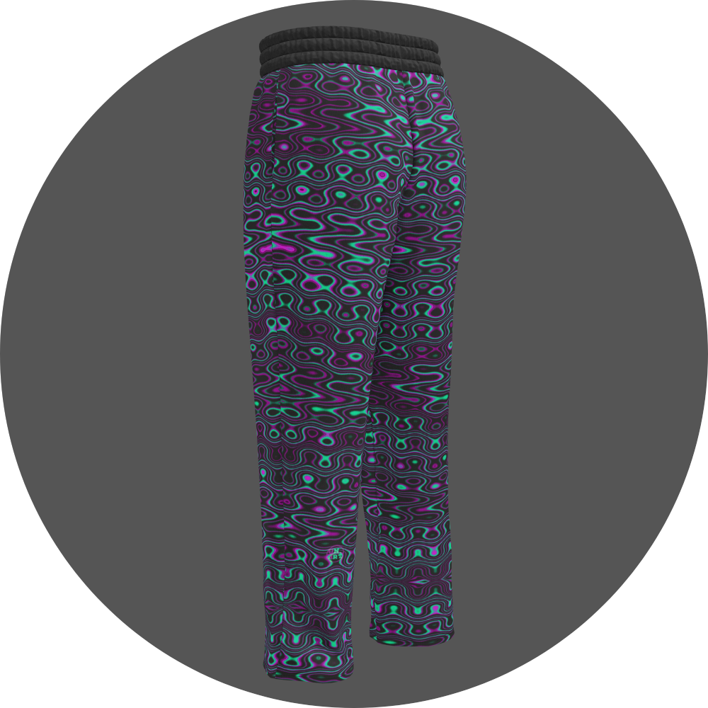 UN4RT liquification all-over-print jogging pants back left view – black sweatpants with flowing neon turquoise and magenta liquid wave print, elasticated waistband, straight leg cut.